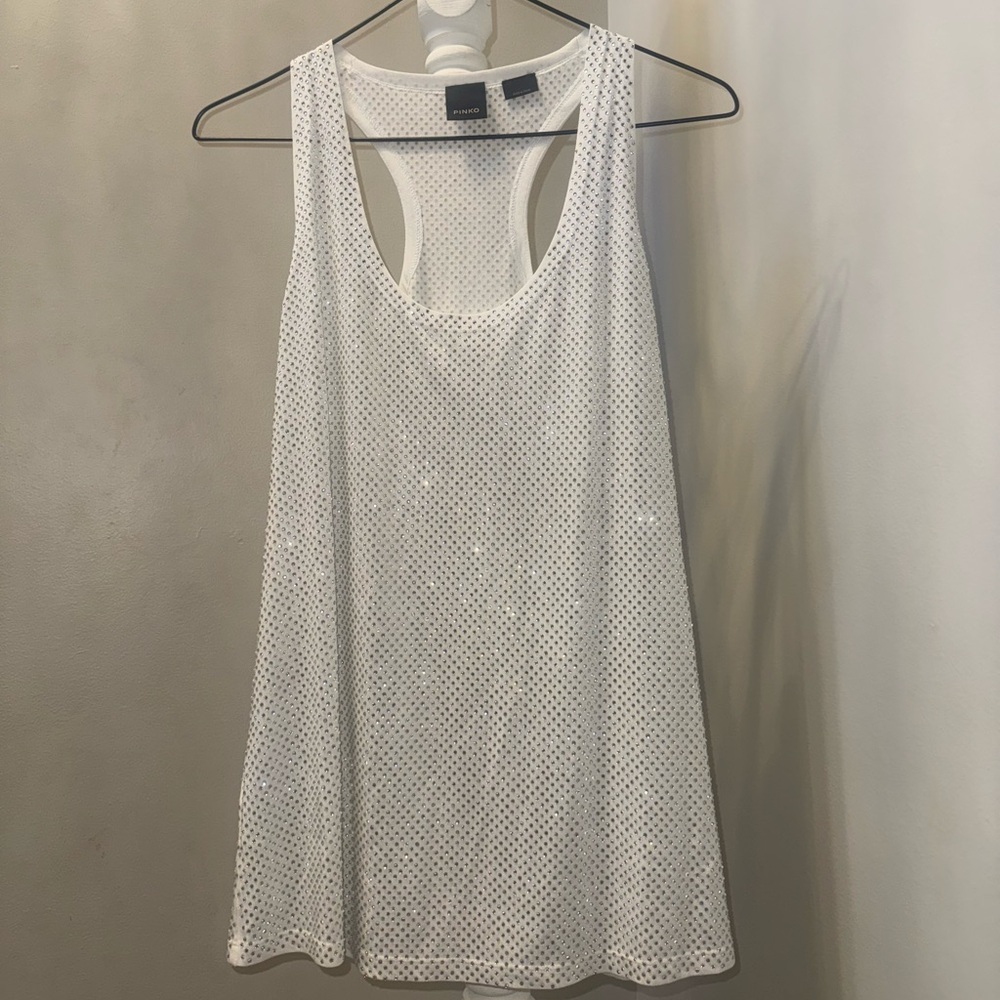 PINKO BOUTIQUE | White Rhinestone Bakugan 2 Racerback Tank Top | Size M | NWT